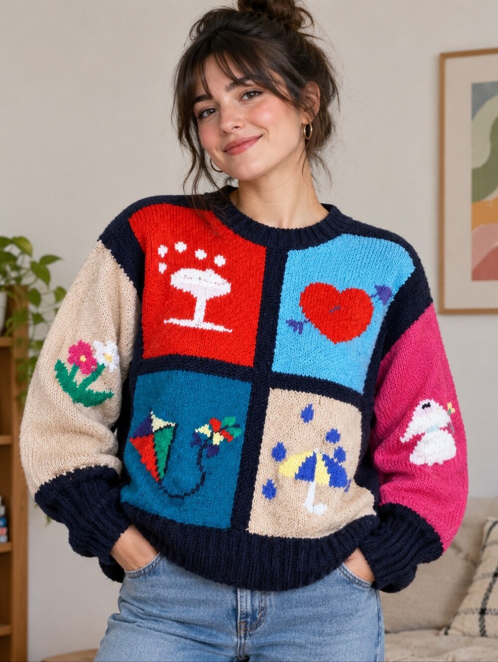 Vintage 80s berek Navy Patchwork Graphic Crewneck Sweater  Super Cute.